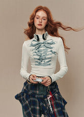 Half-Turtleneck Lace Accent T-Shirt